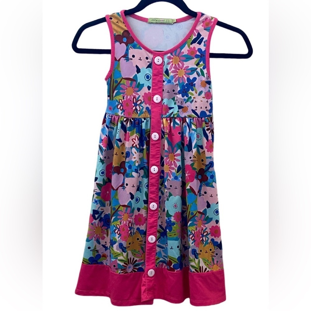 Millie Loves Lily Floral Pink Kids Dress. Sleeveless. Size 8. Cat Print.